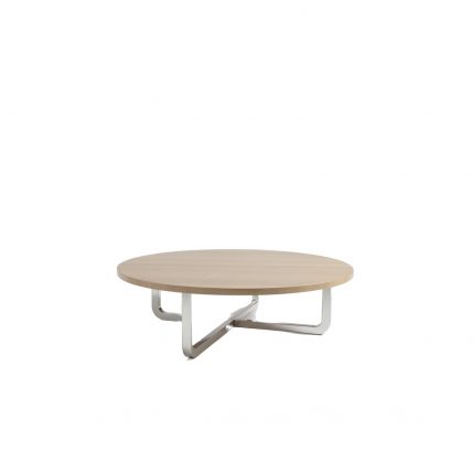 Round Solid Wood 36″ Coffee Table with Metal Cross Base – Mid-Century Modern Living Room Table